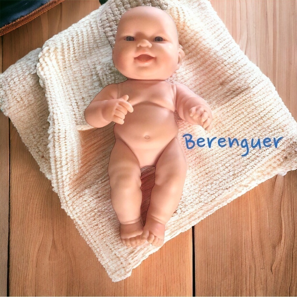 Berenguer Reborn Baby Doll 14” Blue Open Eyes Open Mouth 2 Teeth Brown Hair